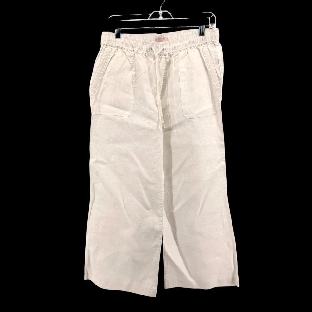 St. Tropez West Wide Leg Pants Womens Medium Pre-Owned White 100% Linen Coastal